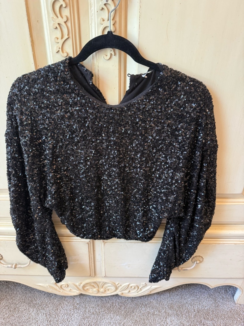 Zara Black Sequin Crop Top with Crew Neck